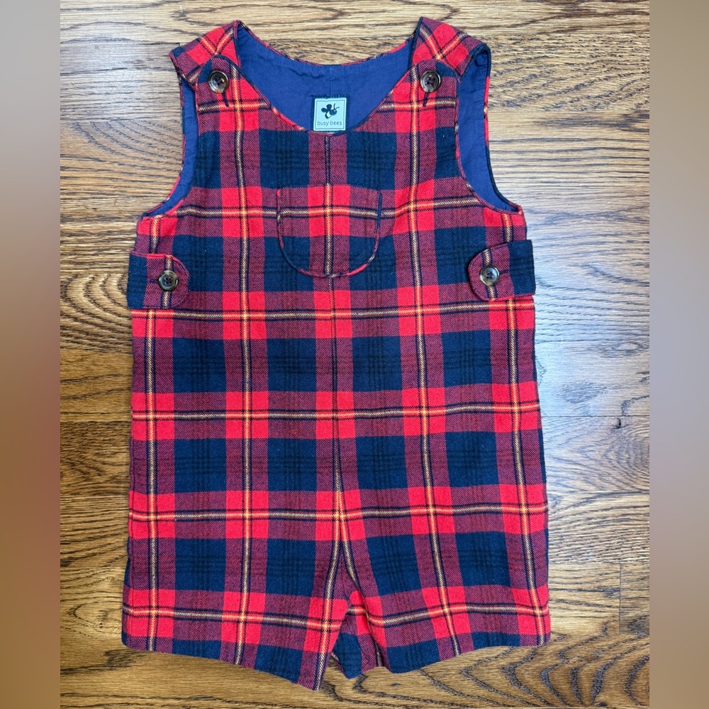 Busy Bees Kids Flannel Fall Plaid Kids Fully Lined Jon Jon Overalls Romper 2